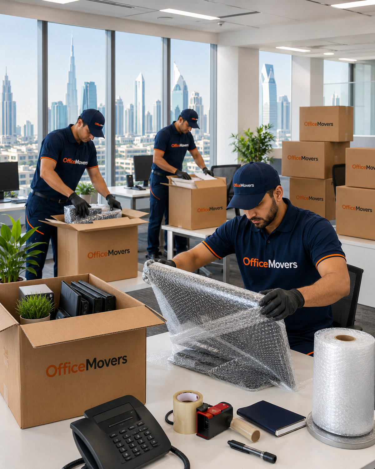Professional office moving team preparing packing materials for a Dubai office relocation