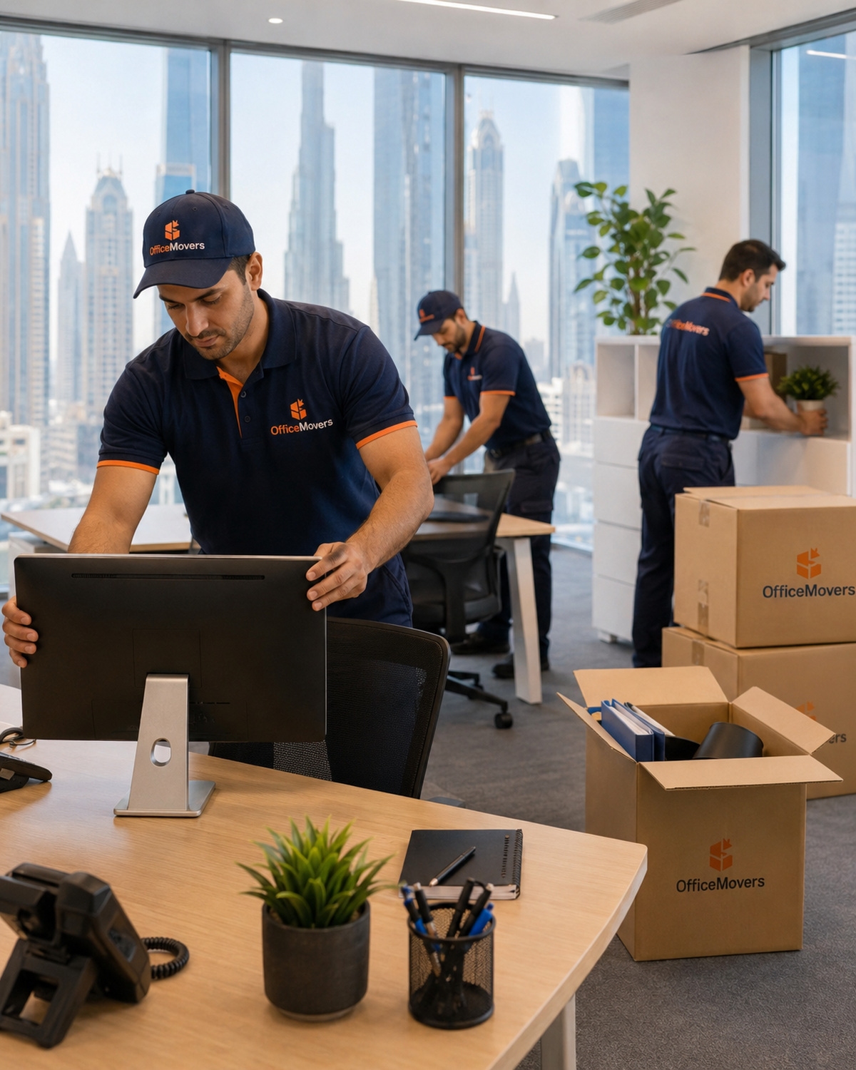 Office moving truck transporting office furniture safely across Dubai