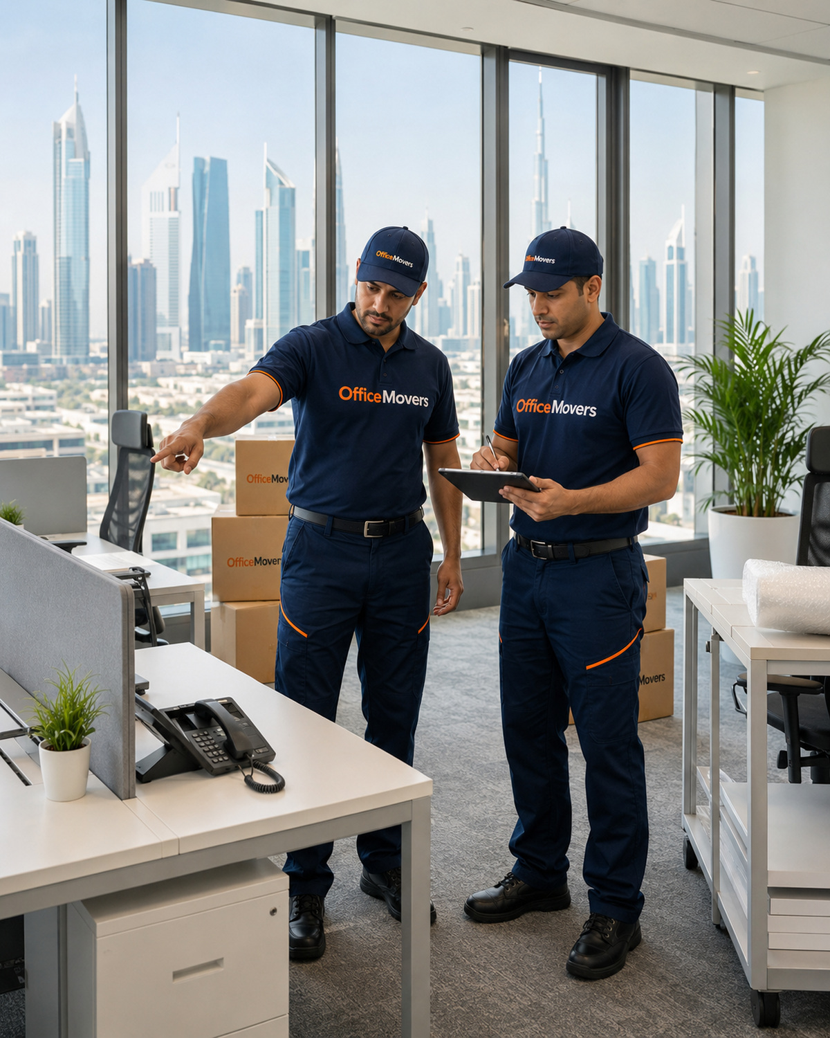 Office Movers Dubai team conducting a free on-site survey in a Dubai office