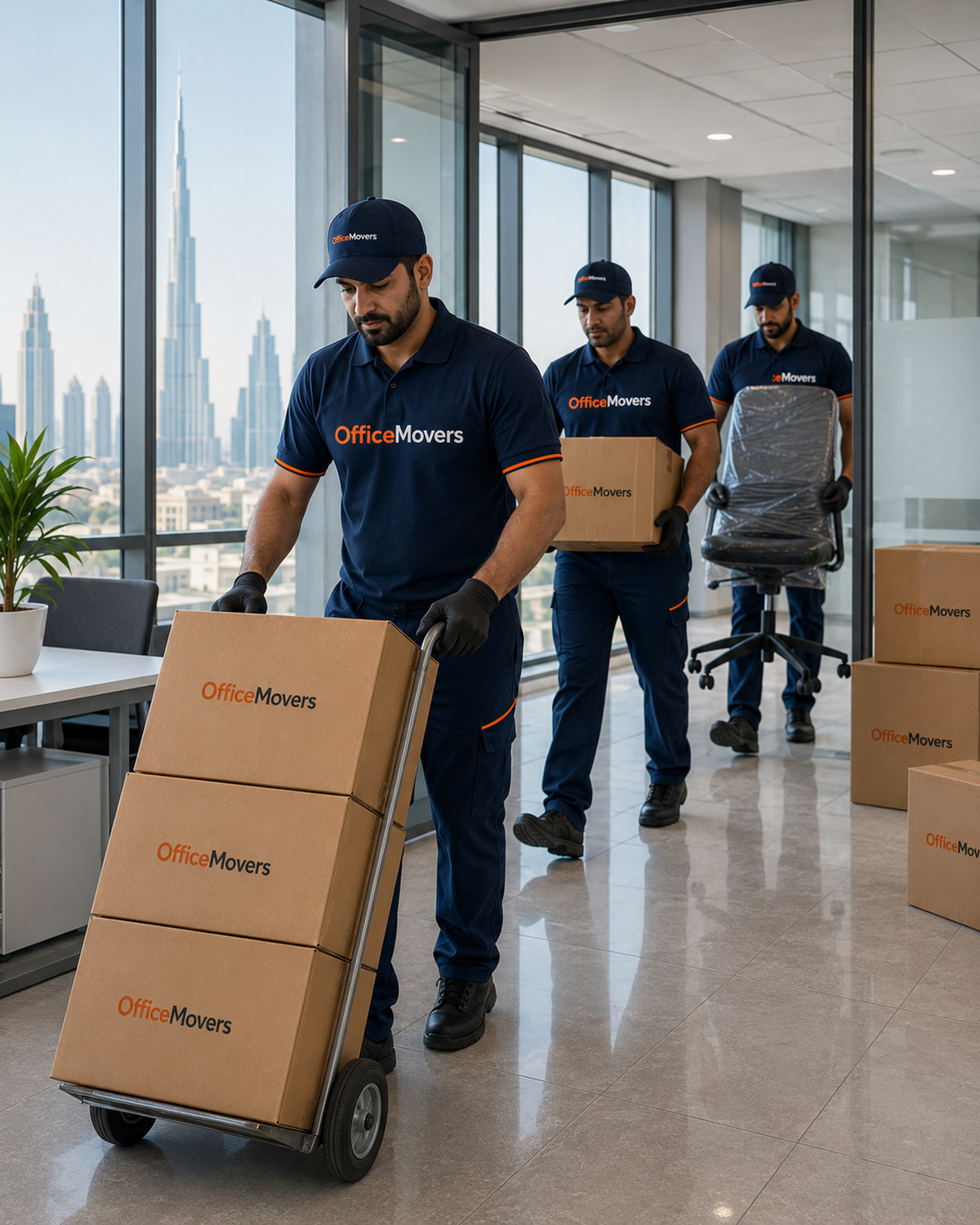 Office movers professionally packing and wrapping office furniture in Dubai